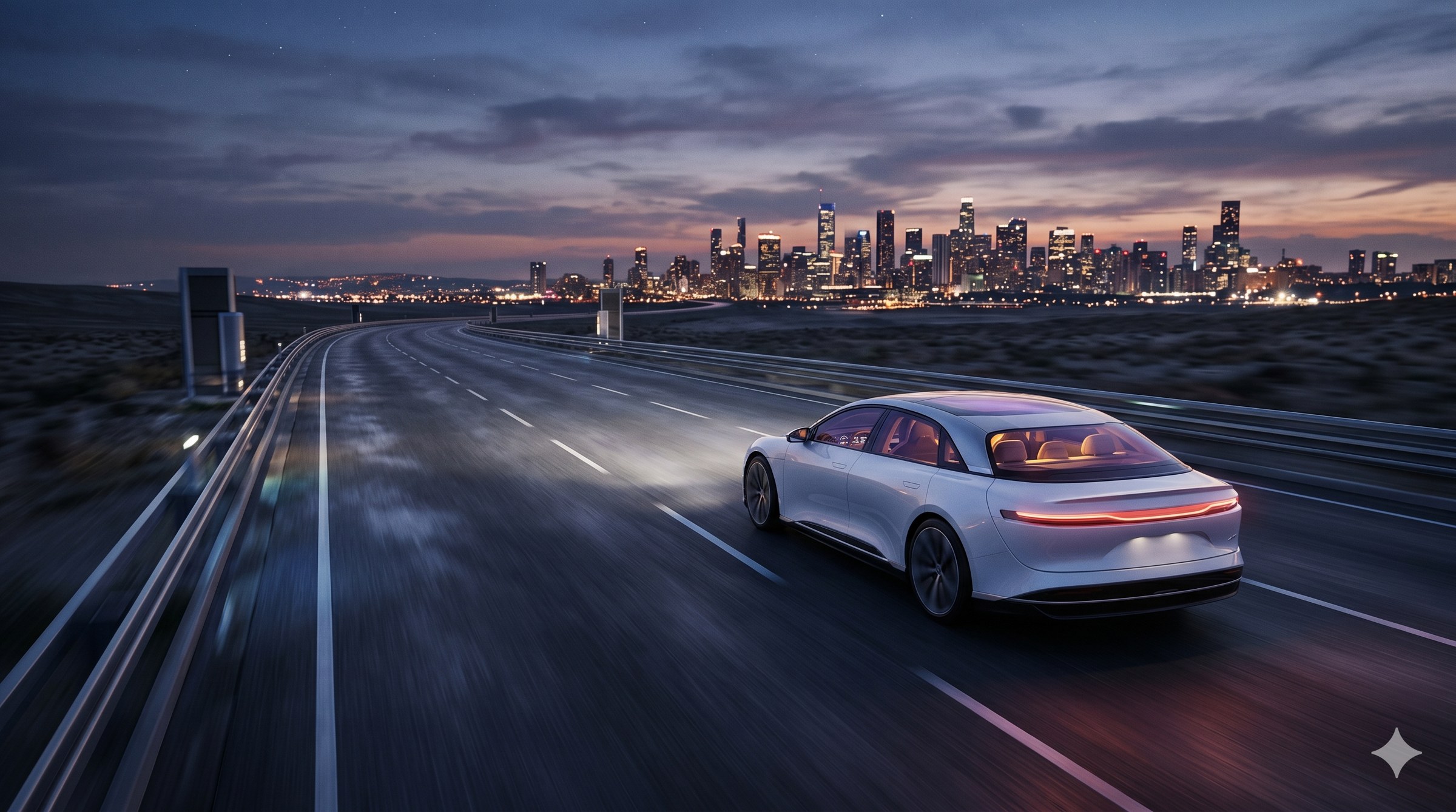 Premium autonomous electric vehicle driving on highway toward city skyline at dusk