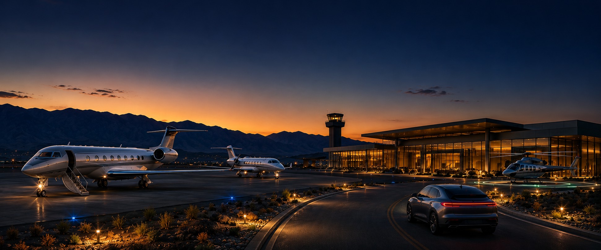 A private jet at dusk — the mobility layer that makes shifting between education hubs a same-week decision