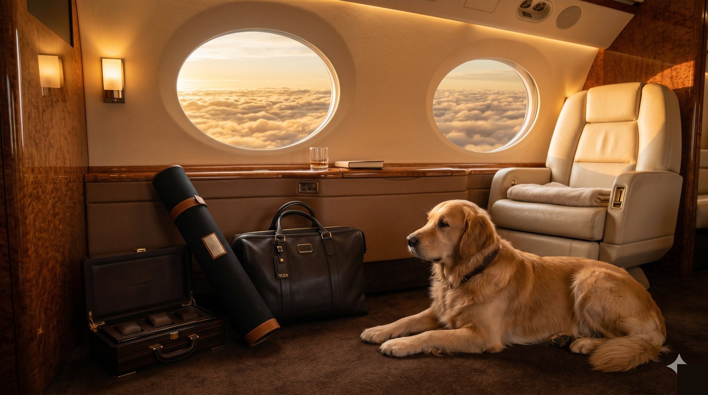 Everything valuable travels together — private jet cabin with companion dog, artwork, luxury goods